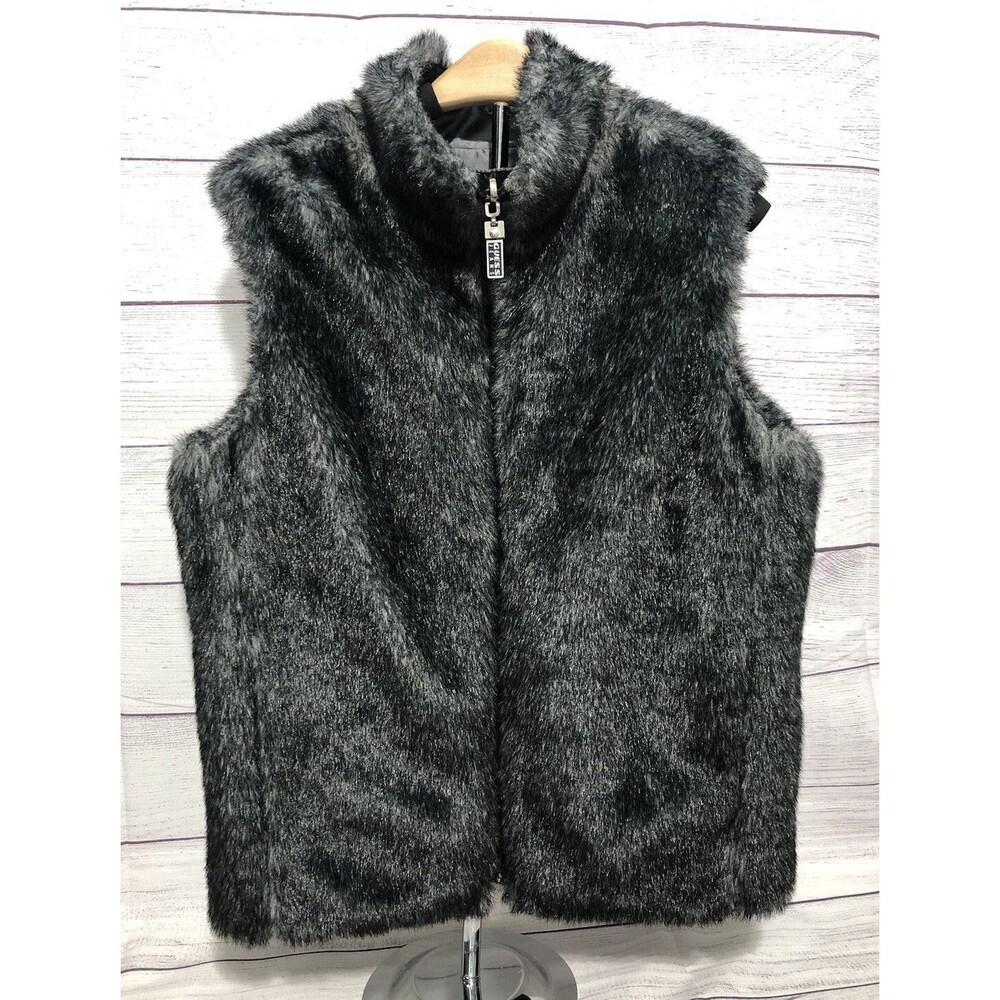 GUESS JEANS GRAY/PEWTER FAUX FUR ZIP FRONT REVERISBLE VEST Sz S EUC See Descrip